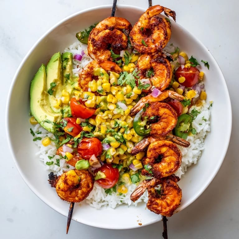 A close-up of a colorful Easy Grilled Shrimp Bowl: grilled shrimp, salsa, and fluffy rice.