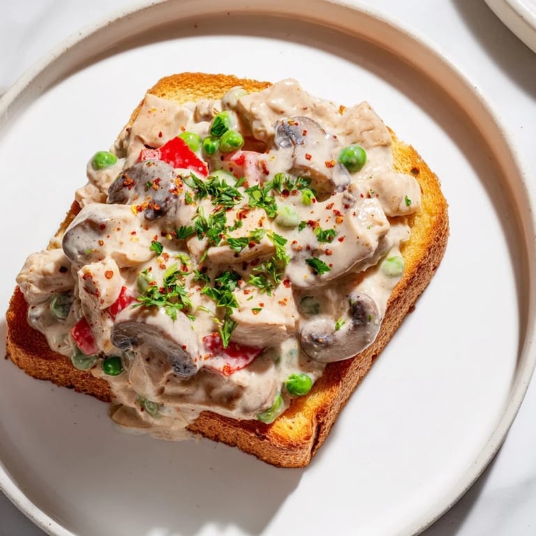 Golden, bubbling chicken à la king, generously ladled over crispy, buttered toast; ready to eat.