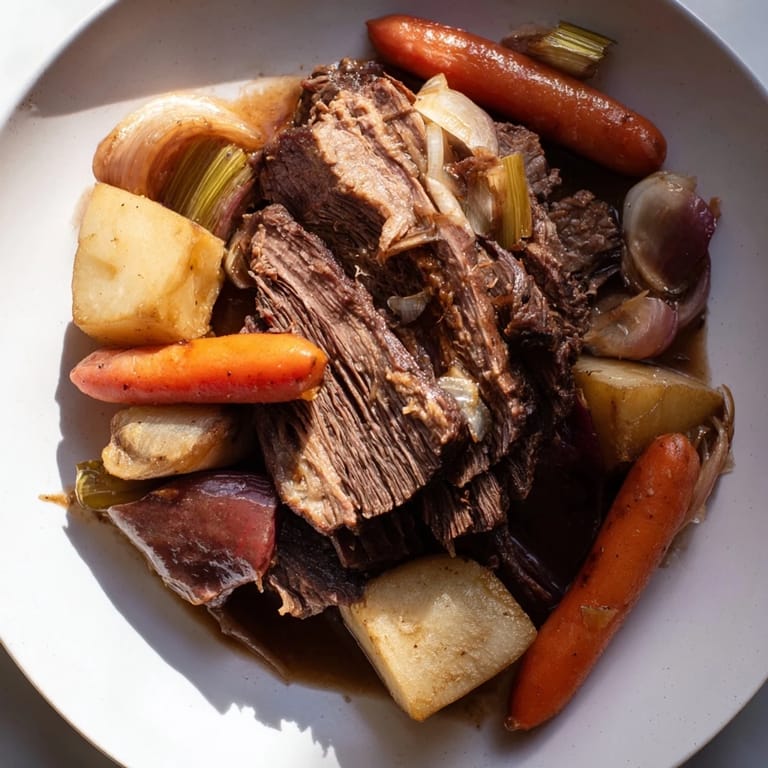 Golden-brown Sunday Pot Roast with a rich gravy, served with potatoes and carrots, a hearty meal.