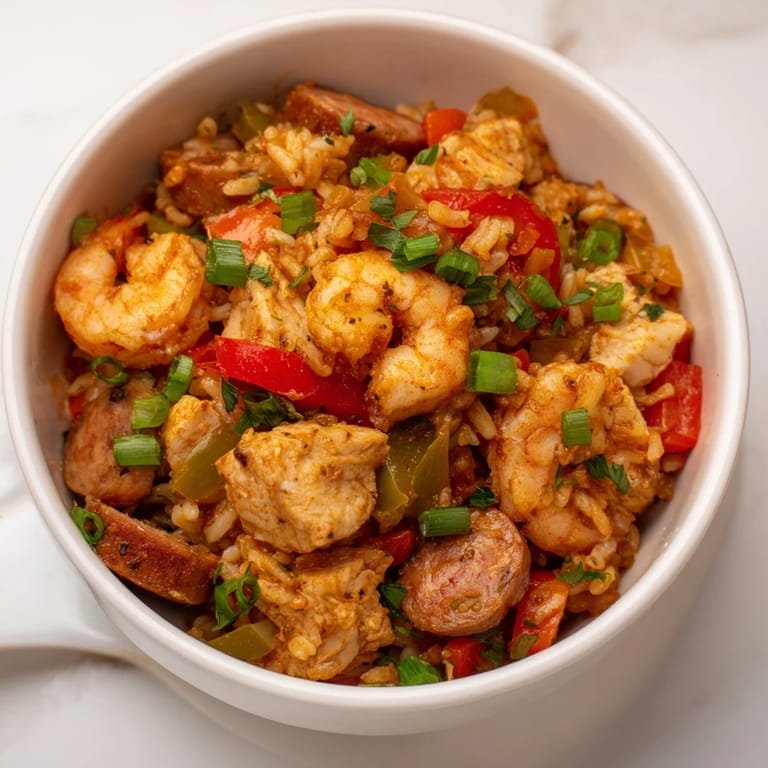 A visually appealing shot of the Cajun Jambalaya Rice Bowl, perfect for a cozy, satisfying Southern-style meal today.