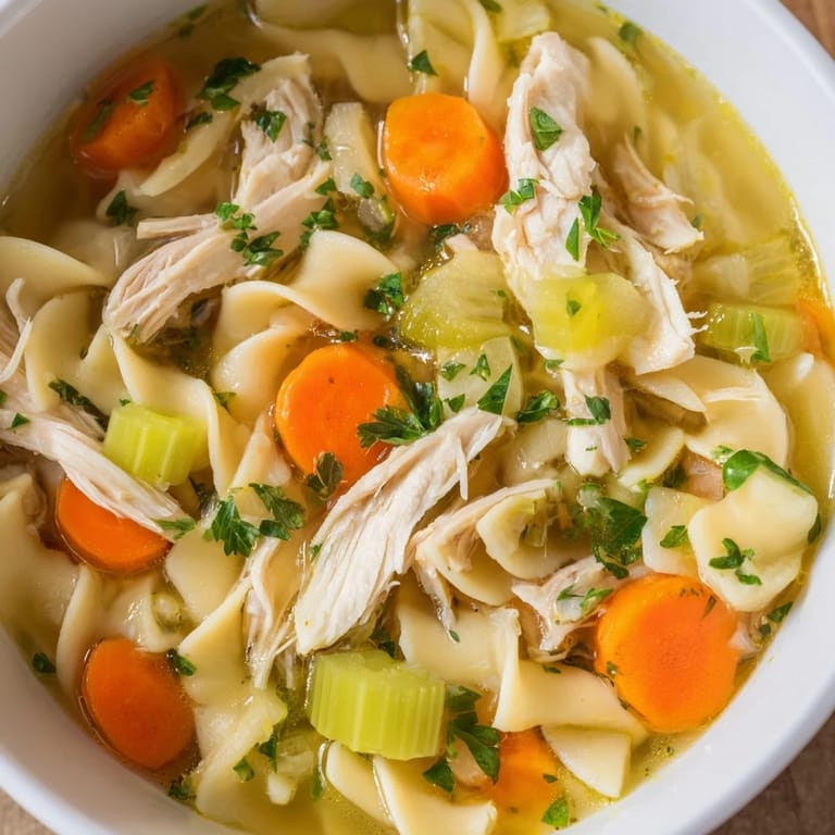 Close-up of a flavorful homemade chicken noodle soup, a classic American comfort food for any season.