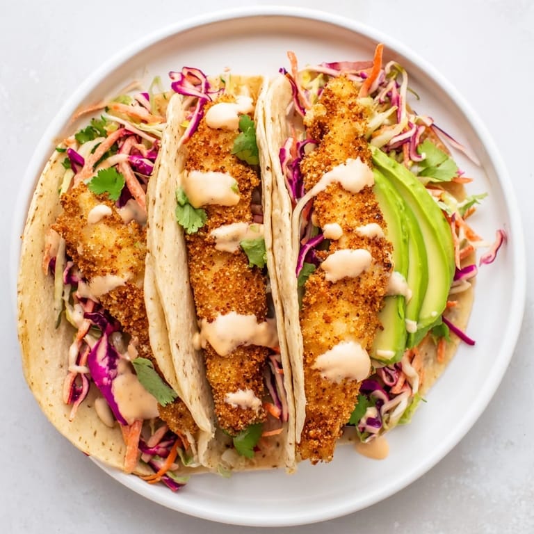 Enjoy a plate of flavorful Crispy Fish Tacos, featuring crispy fish, tangy slaw, and warm tortillas.