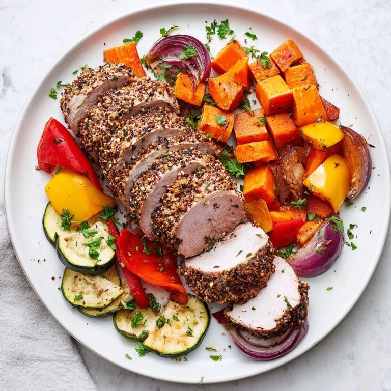 A beautiful close-up of tender Roasted Garlic Pork Tenderloin with vibrant, roasted vegetable sides.