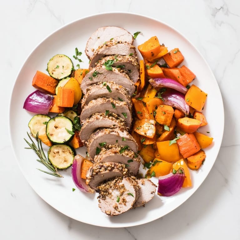 Forkful of flavorful Roasted Garlic Pork Tenderloin alongside colorful, caramelized vegetables offering a delicious bite.