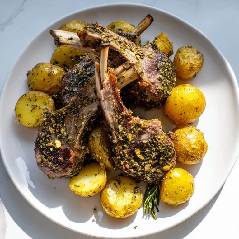 Golden roasted potatoes alongside perfectly seared herbed lamb chops, a flavorful, gluten-free meal.