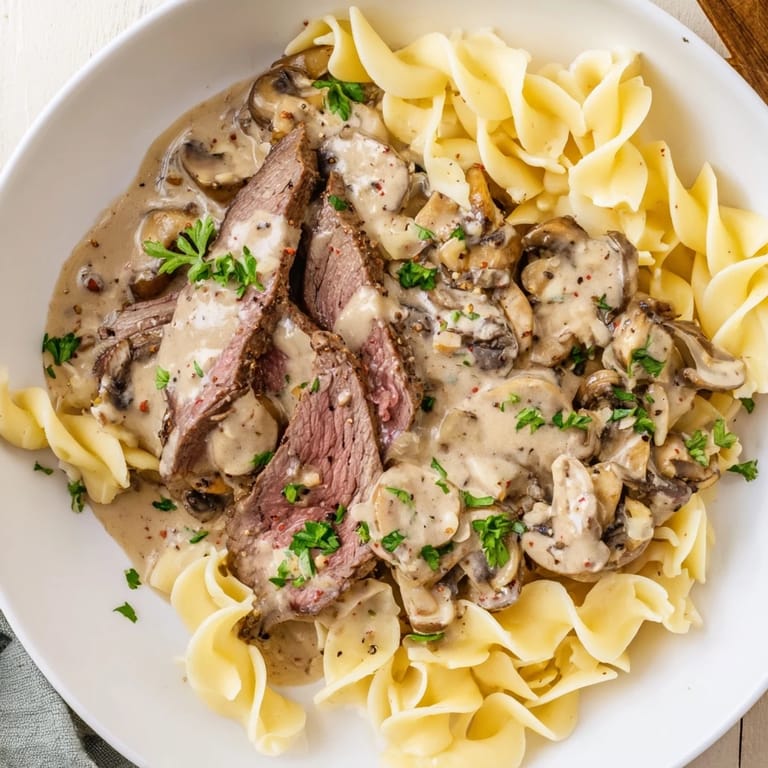 Close-up of hearty Creamy Mushroom Beef Stroganoff: a comforting, classic dish ready to enjoy over egg noodles.