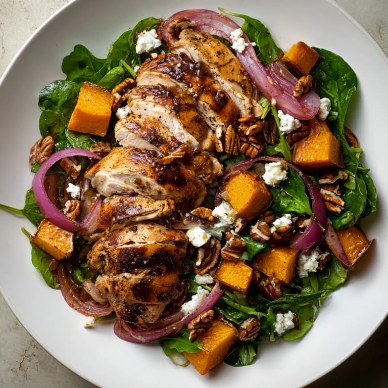 Warm, colorful Roasted Chicken & Winter Squash Sheet-Pan Salad with toasted pecans, delicious and easy to prepare.