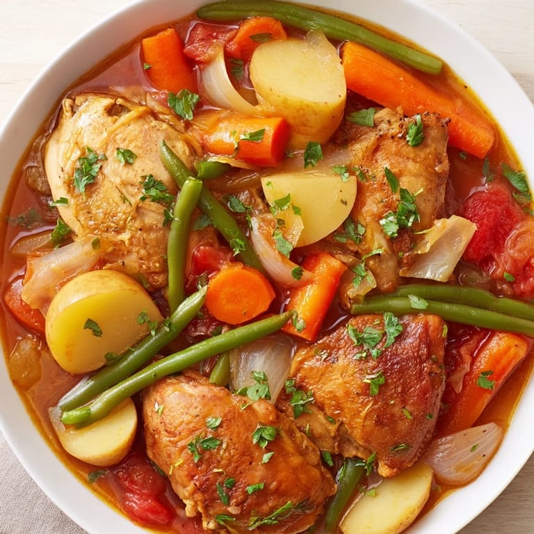 Flavorful Slow-Cooker Chicken & Vegetable Stew, showcasing chicken and root veggies in a rich broth.