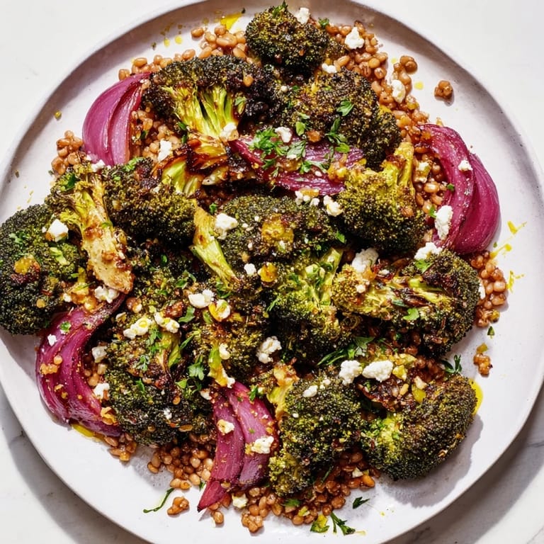 Golden-brown roasted broccoli and farro base with a bright lemon dressing, this warm dish looks delightful.