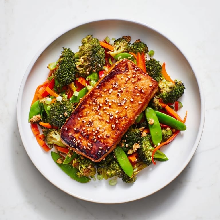 A delicious overhead shot of the finished pressed tofu steaks with colorful stir-fried vegetables.