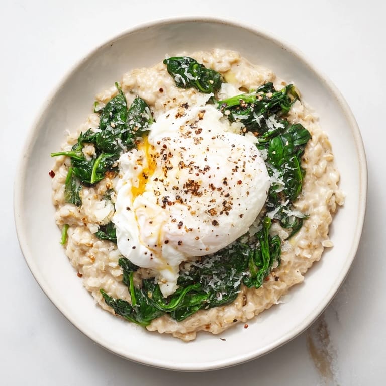 Hearty savory oatmeal topped with a glistening poached egg, offering a nourishing and filling breakfast bowl.