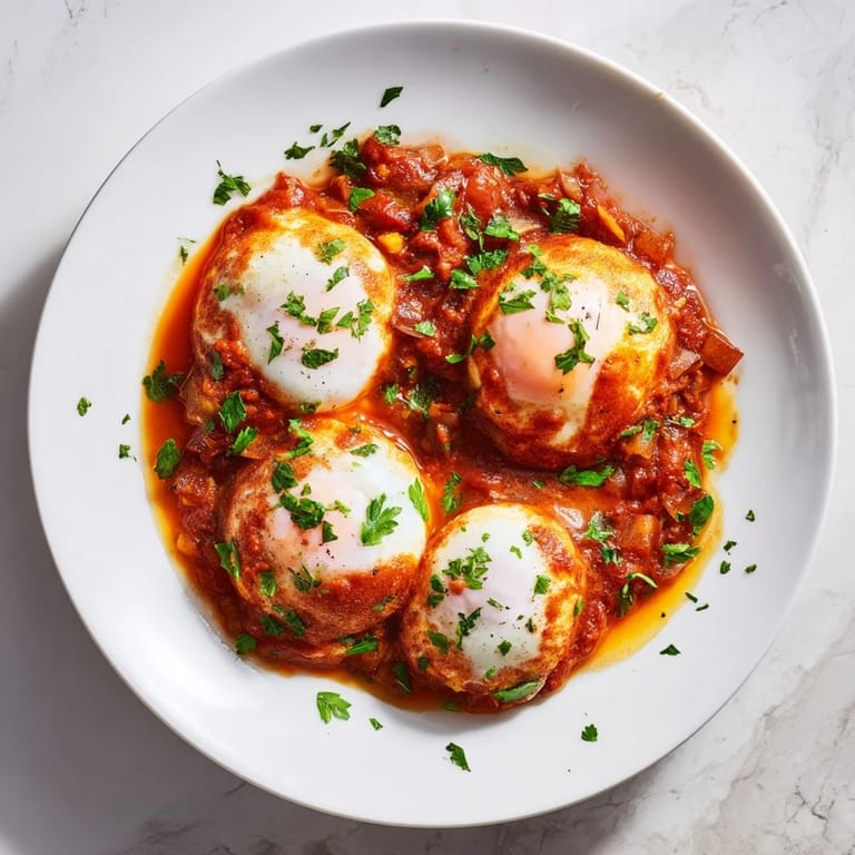 A skillet showcases bubbling Savoury Baked Eggs in Tomato Sauce, a comforting vegetarian breakfast or brunch idea.