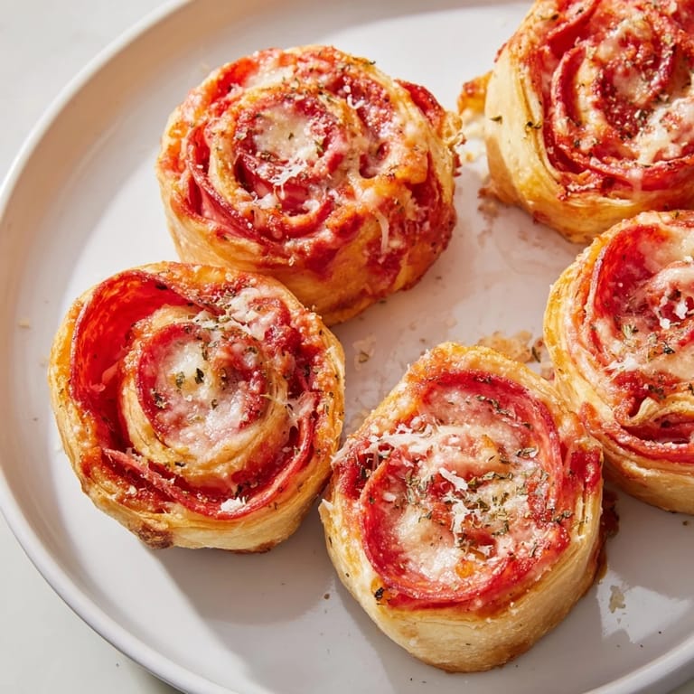 Close-up of Mini Pepperoni Pizza Pinwheels, showcasing a delicious appetizer with melted mozzarella and marinara.