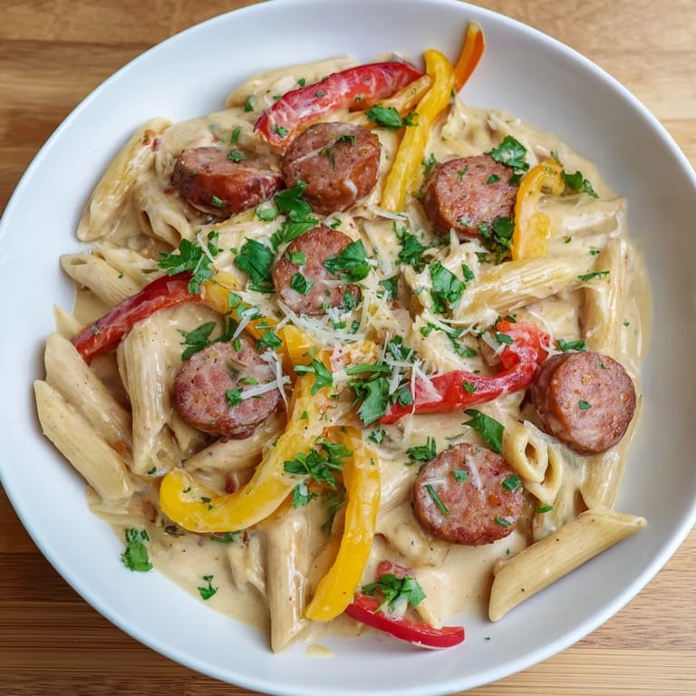 A close-up of creamy Cajun Spiced Smoked Sausage Alfredo, garnished with fresh parsley and cheese.