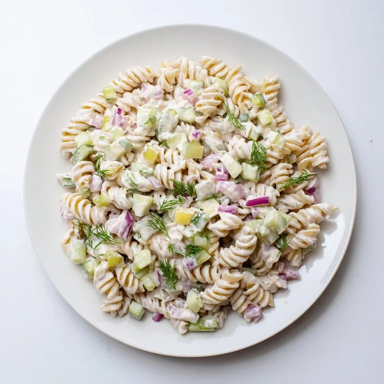 Vibrant Dill Pickle Pasta Salad, chilled and ready to serve, perfect for a summer picnic.