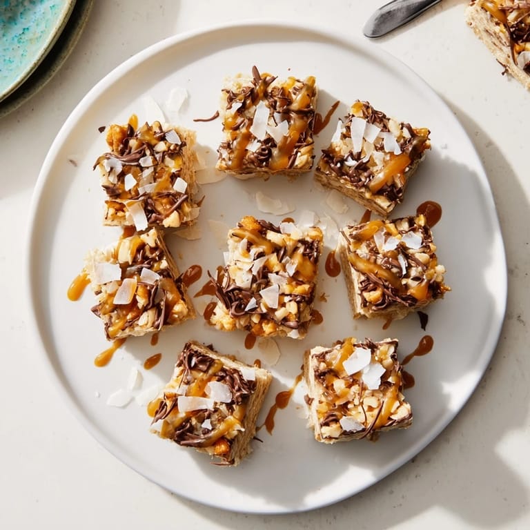 Chewy homemade 7-Layer Magic Bars featuring chocolate, butterscotch, and nuts, drizzled with caramel.