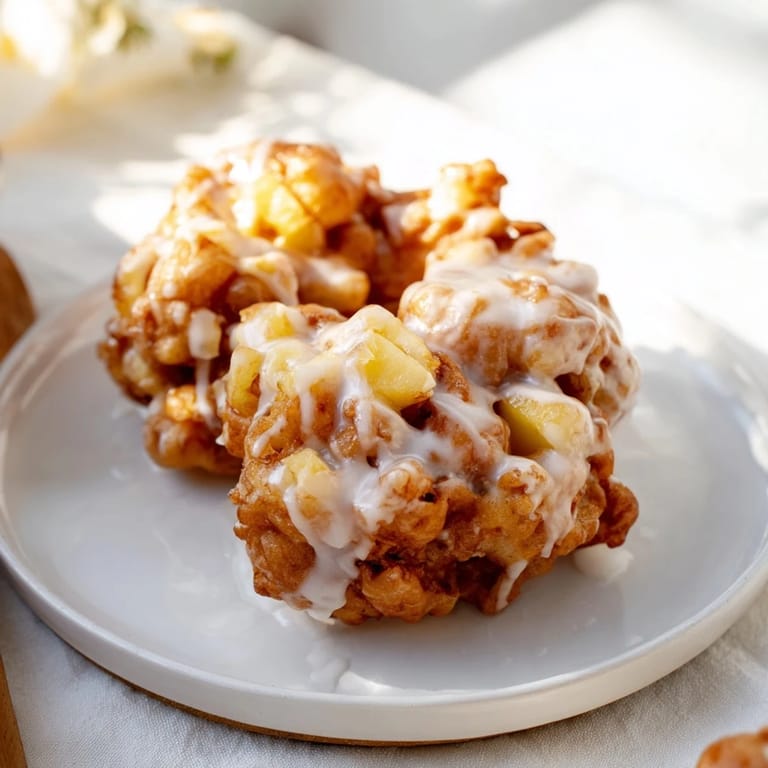 Close-up of freshly made apple fritters, showing tender apple chunks inside their delicious golden crust.