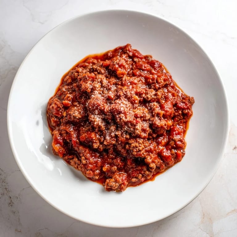 Spoonful of rich Classic Tuscan Ragu, a savory Italian meat sauce, ready to serve with Parmesan.