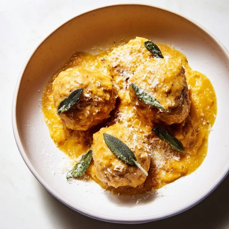 Close-up of golden Easy Turkey Meatballs in Pumpkin Sage Sauce with visible herbs and a rich sauce.