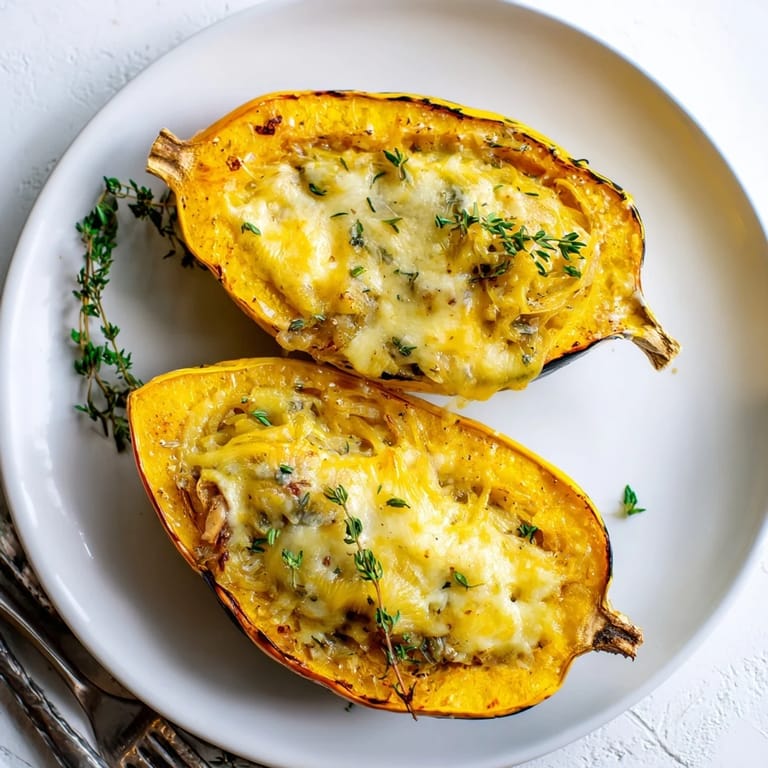 Melty Gruyere tops stuffed, roasted Caramelized Onion Gruyere Squash, ready for a comforting, vegetarian dinner with herbs.