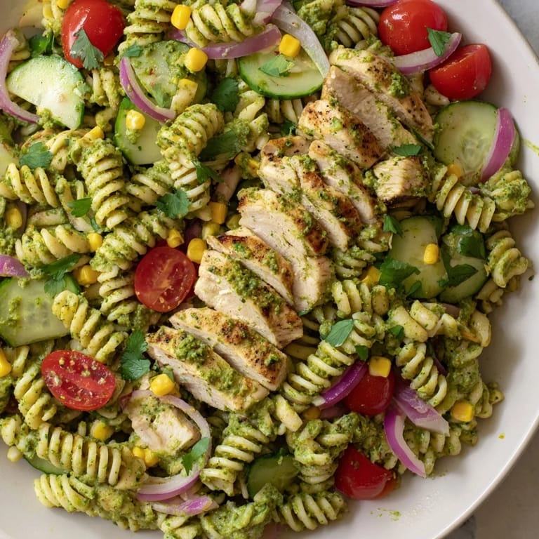 Close-up of a bowl filled with vibrant Peruvian Aji Verde Chicken Pasta Salad, perfect for lunch.