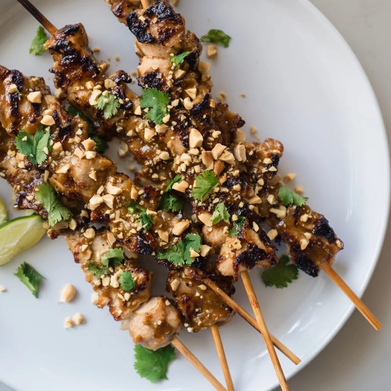 Vibrant photo of Spicy Peanut Satay Chicken Skewers ready to serve with fresh cilantro and lime wedges.