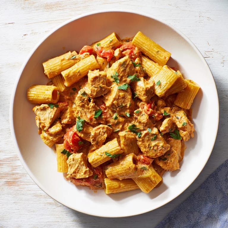 Savor the aroma of this Creamy Chicken Tikka Masala Pasta, a comforting blend of Indian spices and pasta.