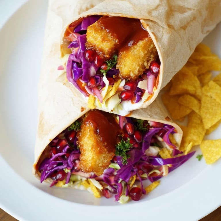 Savory Sweet Chili Tofu Crunch Wrap, beautifully toasted and ready to enjoy with a festive holiday slaw.