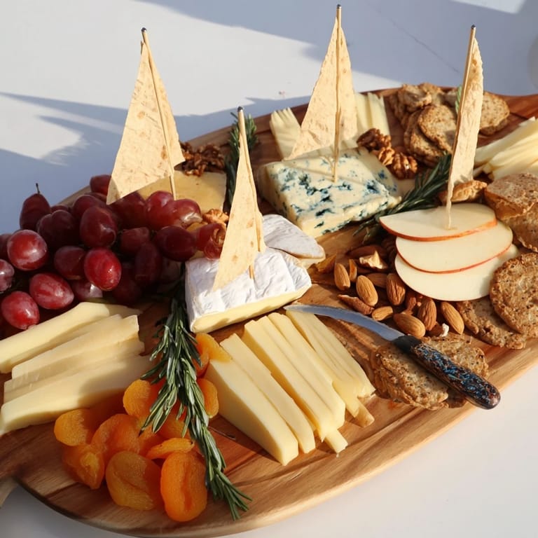 Visually stunning Sailboat Cheese Platter with colorful fruit and assorted cheeses ready to serve.