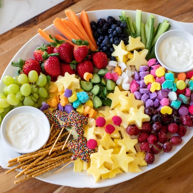 A Rainbow of deliciousness: The Unicorn Party Platter features fruits, cookies, and savory snacks arranged beautifully on a board.