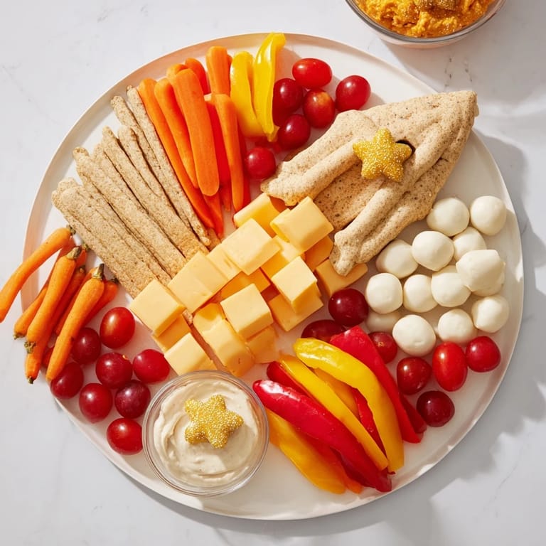 A fun-filled Blast Off Spaceship Snack Board, loaded with fresh fruits, cheese, and crunchy crackers for kids.