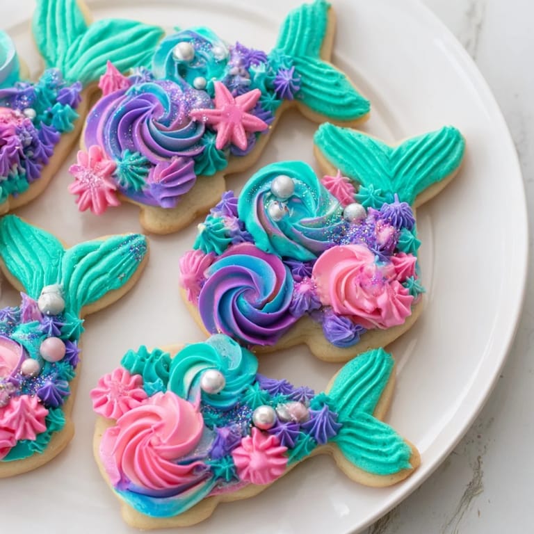 Freshly baked Mermaid Tail Under the Sea Sweets: sugar cookies with colorful, fluffy buttercream frosting.