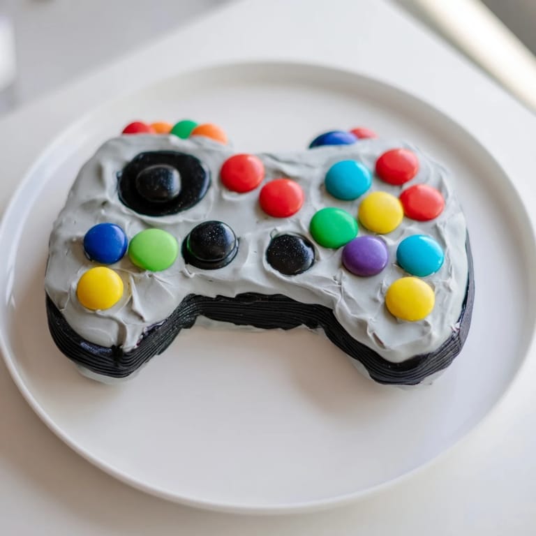 Vivid image of the Pixel Perfect Video Game Controller Board cake with colorful candy buttons and frosting.