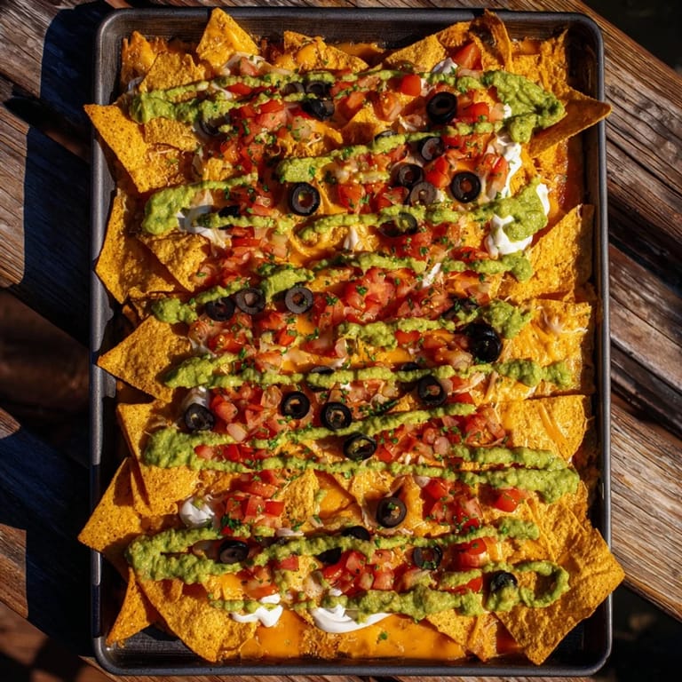 Warm, gooey Football Field Nacho Platter boasts a delicious Tex-Mex feast for game day enjoyment.