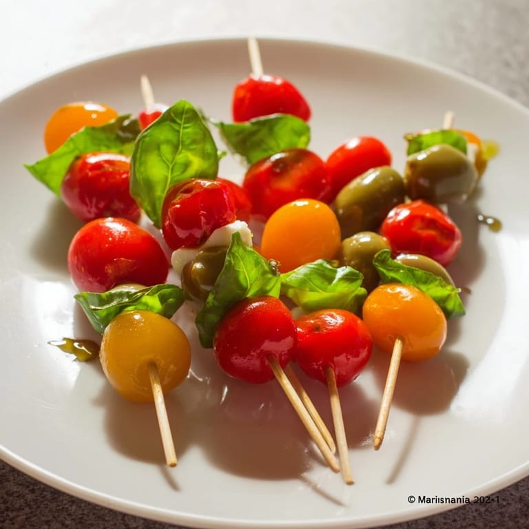 Delicious Christmas Lights Olive and Tomato Skewers: juicy red tomatoes and green olives threaded on skewers for a festive treat.