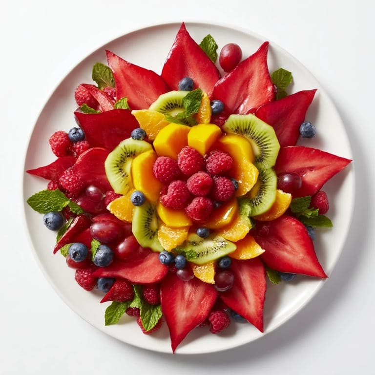 Vivid poinsettia fruit bowl showcasing juicy berries and citrus, perfect for a holiday breakfast treat.