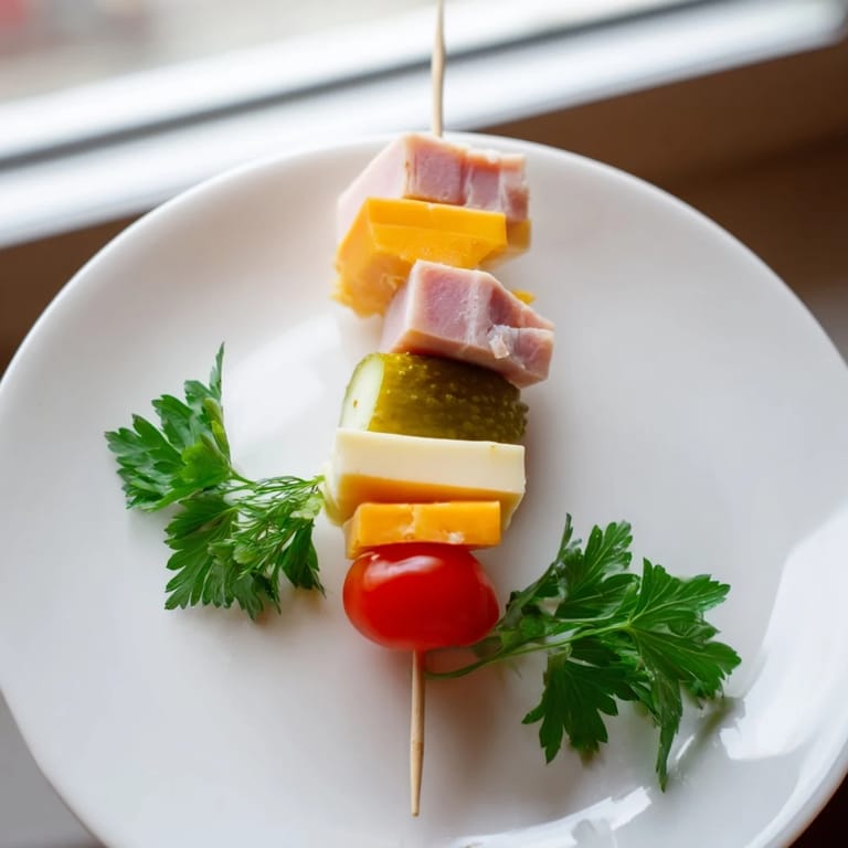 Delicious Savory Skewers ready to serve, featuring ham, cheddar, pickles, and tomatoes arranged on skewers.