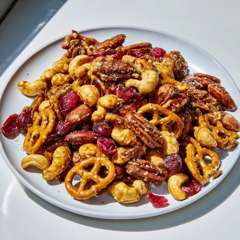 Golden-brown Sweet and Salty Holiday Nut Bowl: a festive blend of nuts, pretzels, and cranberries, freshly baked.
