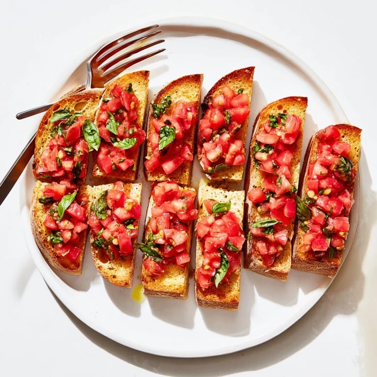 Garlic-rubbed Bruschetta Toasts, showcasing juicy tomatoes, a simple, delicious Italian classic appetizer.