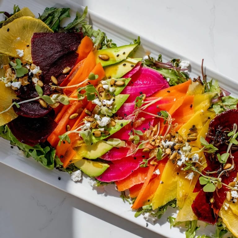 A visually stunning Zig-Zag Lightning Strike Salad, showcasing colorful vegetables arranged for a striking presentation.