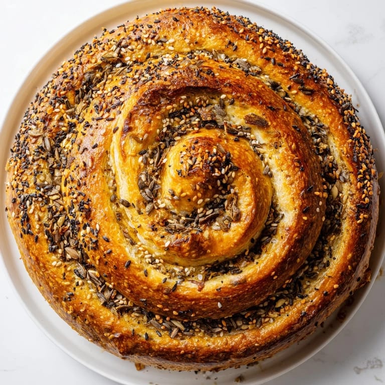 Perfectly baked and golden brown, this stunning The Fibonacci Spiral Growth Bread awaits cutting.