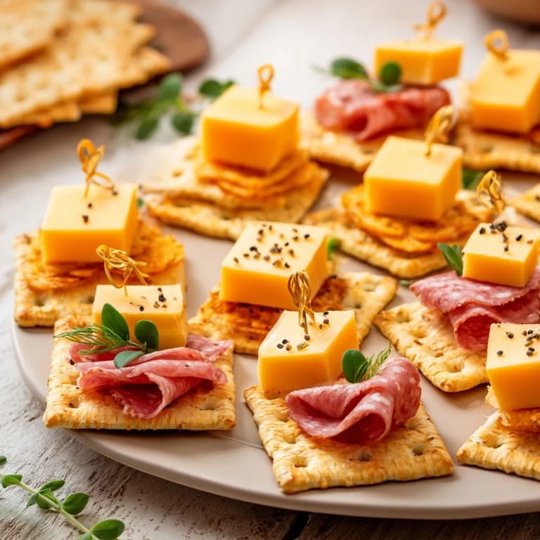 Beautiful Layered Urban Skyline appetizer features artisan cheese cubes and savory meats atop crispy crackers.  