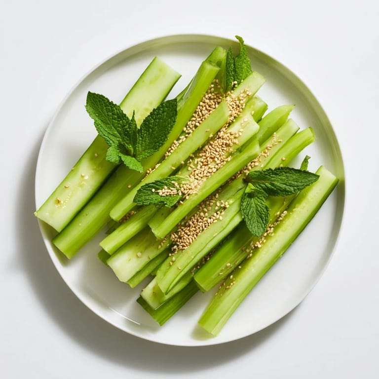 A minimalist plate displays The Bamboo Zen, featuring cool, crisp cucumber and celery sticks perfect for dipping.