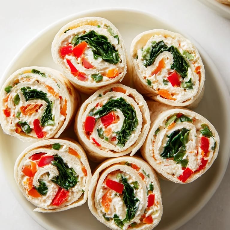 These creamy Christmas Scarf Tortilla Roll-Ups feature roasted red peppers and spinach, perfect for a vegetarian snack.