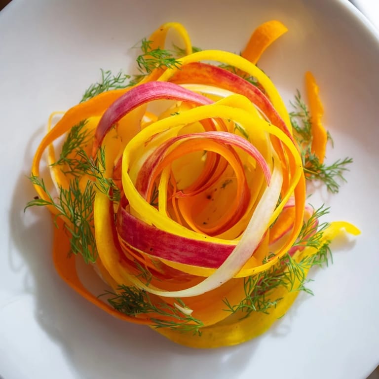 A beautiful deconstructed "Spinning Top" salad with colorful, wispy vegetables and fresh herbs ready to eat.