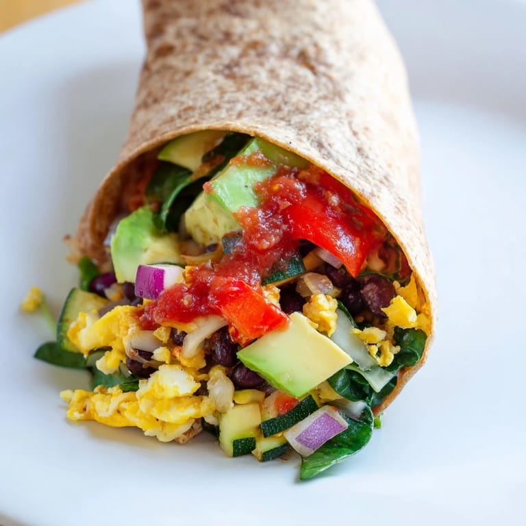 Enjoy a protein-packed bite! This veggie-loaded breakfast burrito is filled with seasoned veggies.