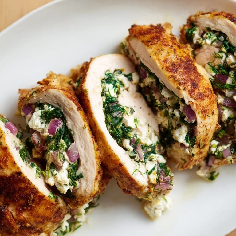 This delicious Spinach Feta Stuffed Chicken shows a perfectly cooked roll with molten cheese spilling out.