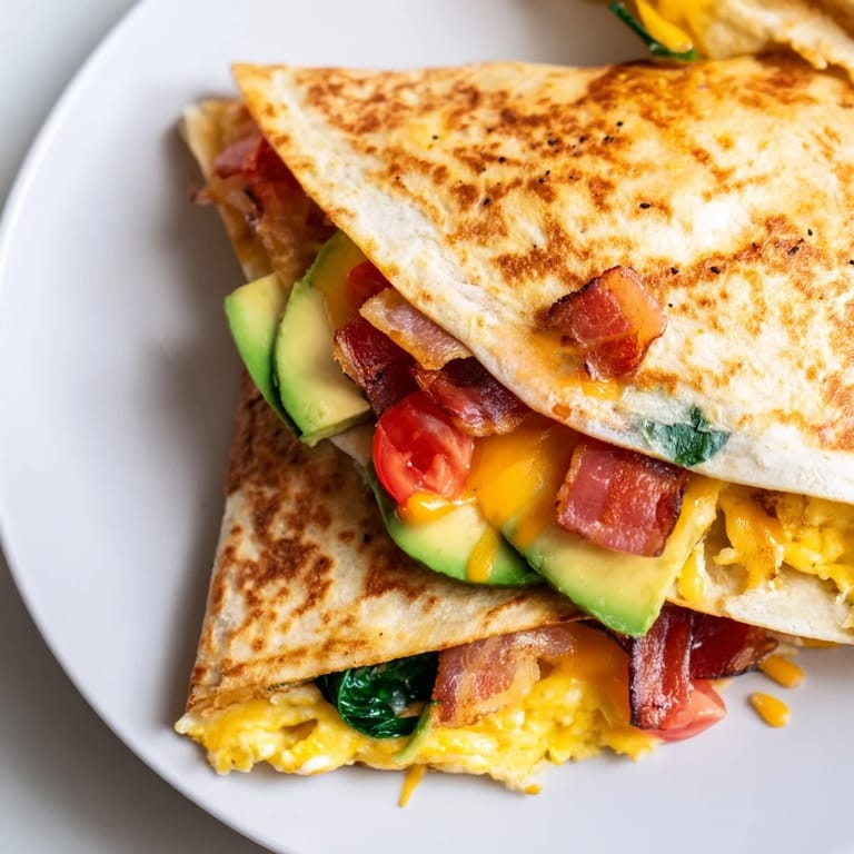Close-up of a crispy breakfast wrap, showing layers of golden tortilla filled with breakfast favorites, a perfect morning treat.