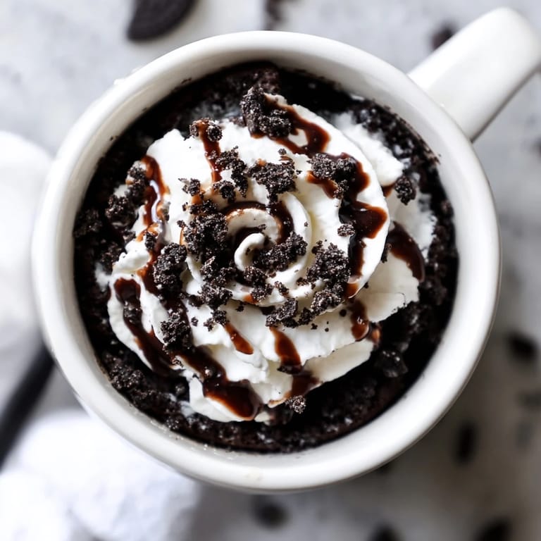 This warm Oreo mug cake is topped with whipped cream, promising a simple chocolate indulgence.