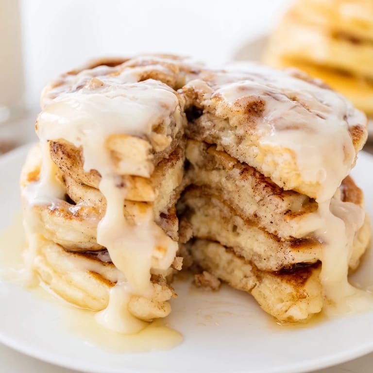 Enjoy mouthwatering Cinnamon Roll Pancakes, ready to be devoured, with a delicate cinnamon flavor and sweet icing.